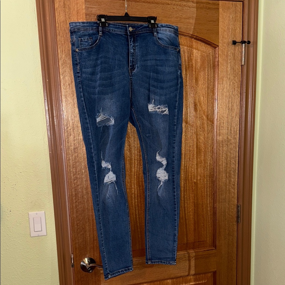 Missguided Plus Straight/Skinny Stretchy High Waisted Distressed Blue Jeans 16